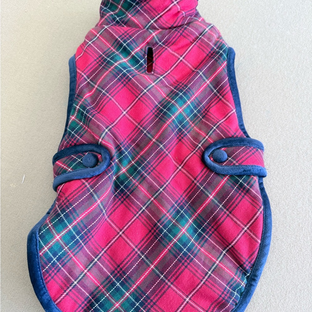 Max Studio Pet Jacket in traditional red plaid, with velvet trim. Very soft.